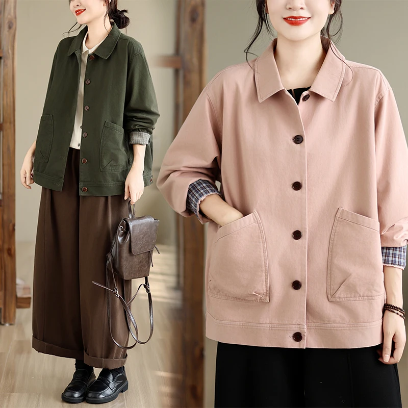 Artistic Vintage Green Jacket Women's Long Sleeve Collar Flip Color Block Autumn Outerwear Casual Loose Fit Cotton Shirt