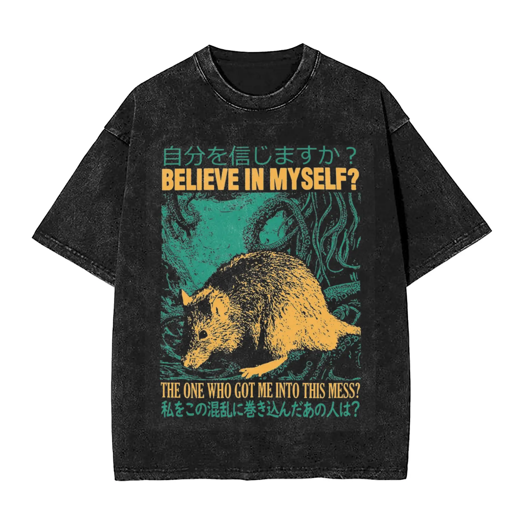 Washed T Shirt BELIEVE IN MYSELF Rat Hip Hop Vintage T-Shirts Harajuku Streetwear Cotton Graphic Printed Tops Tees Men Women