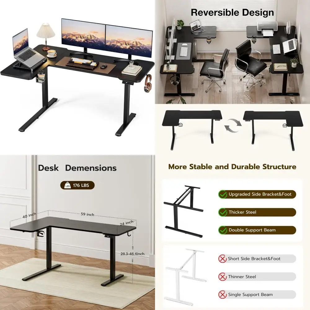 مكتب قائم على شكل حرف L مقاس 59 بوصة، ارتفاع قابل للتعديل، مكتب قائم زاوية كهربائية للألعاب، طاولة كمبيوتر مع حامل قابل للعكس #1