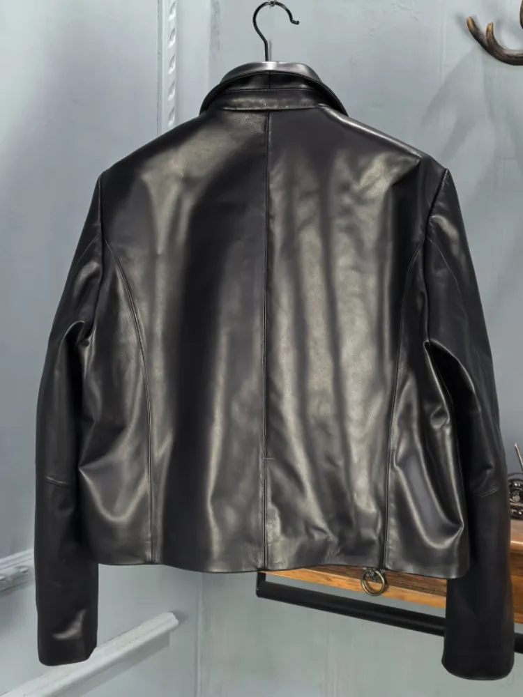 Women Genuine Leather Jacket Vintage Turndown Collar Real Sheepskin Black Short Coat Spring Single Breasted Casual Outerwear