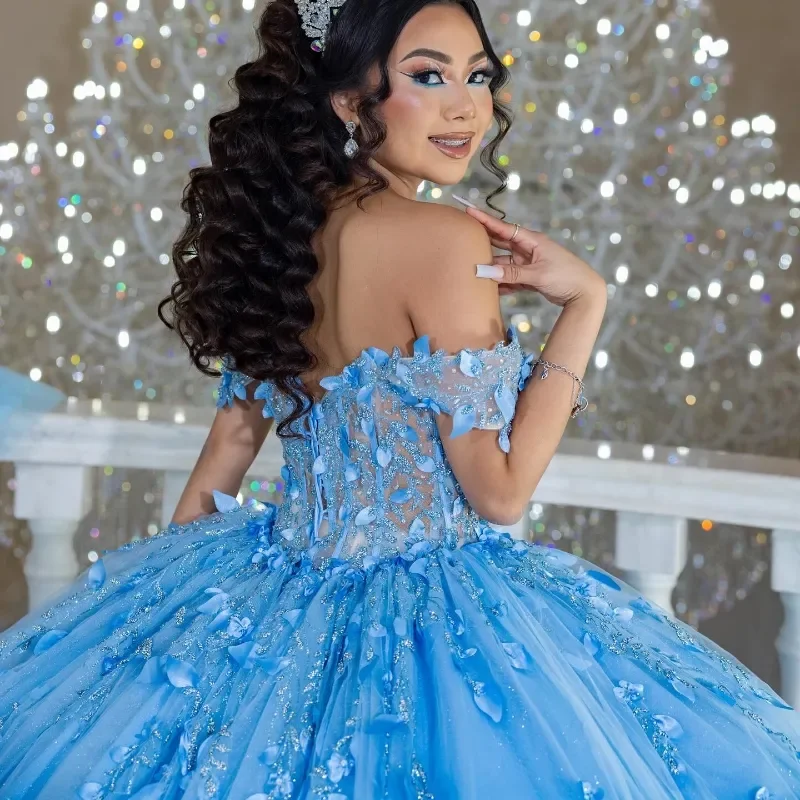 Cielo Blu Messico Abiti Quinceanera Applicazioni floreali 3D Corsetto con lacci Lunghezza pavimento Compleanno Prom Abiti da 15 Anos Personalizzato