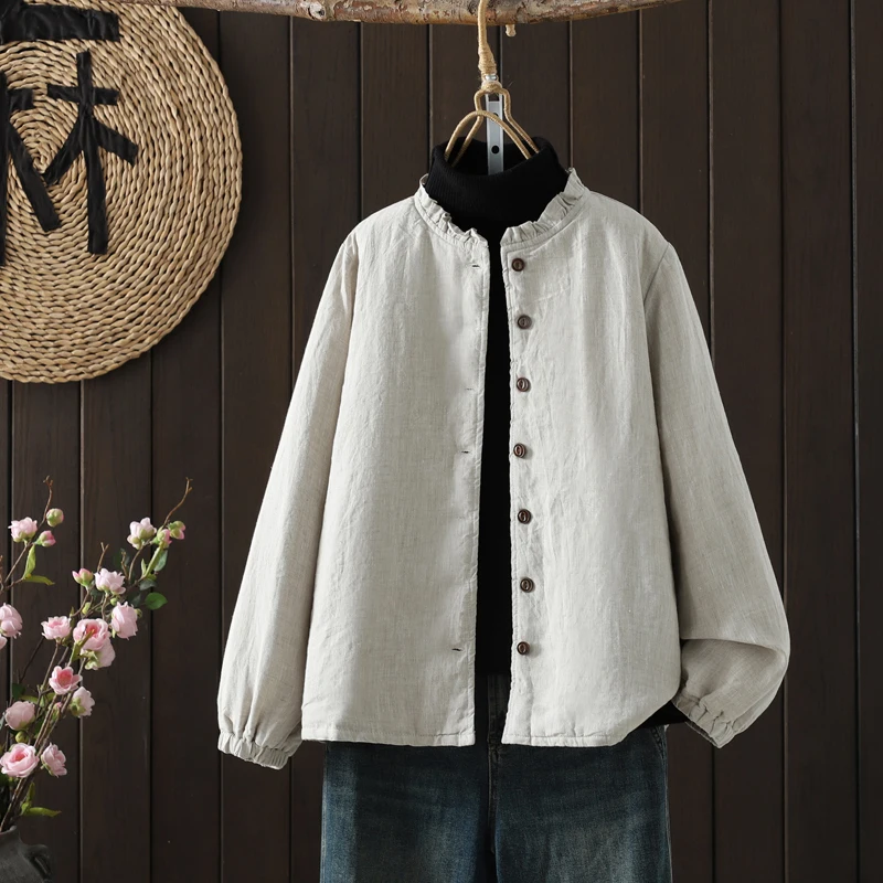 

High Quali Thin Cotton Jaet Women's Stand Collar Embellied Warm Filled Coat New Chinese Sle Retro Simple