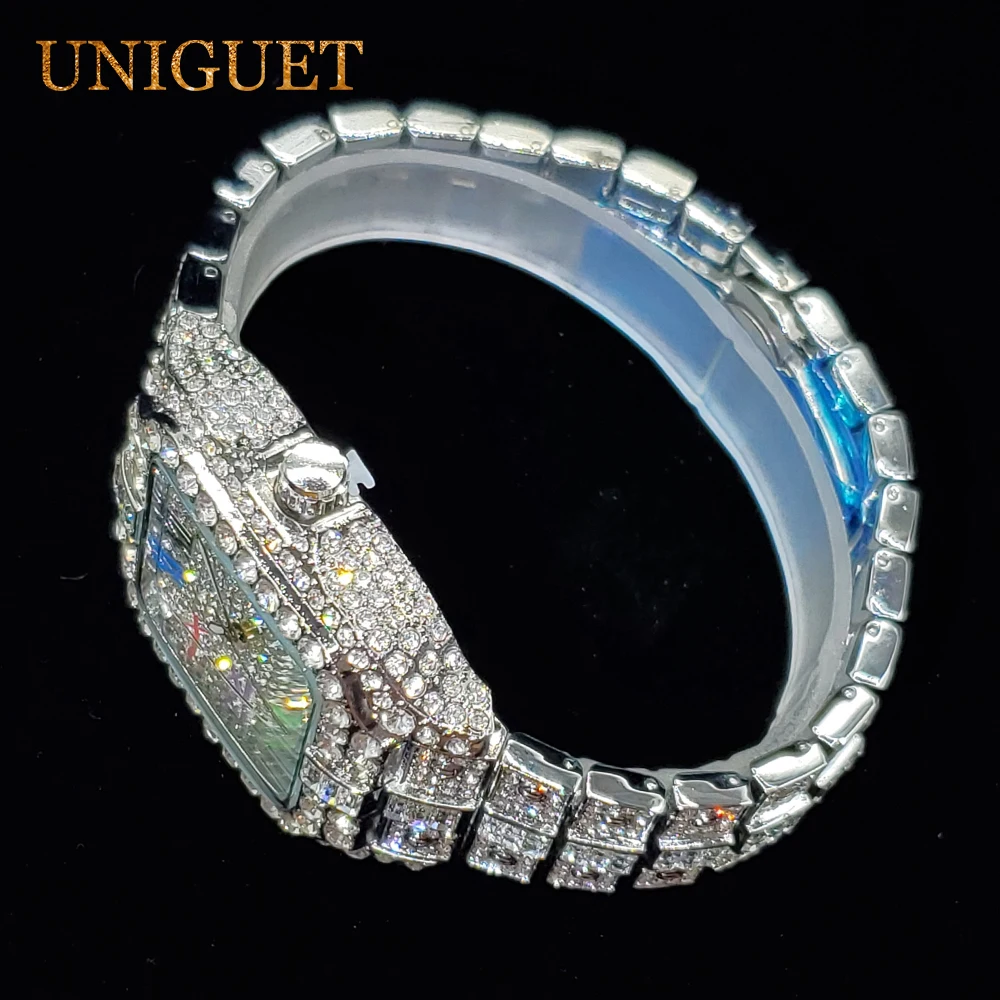 Relojes UNIGUET de lujo con diamantes para hombre, reloj de cuarzo con calendario y esfera de arcoíris para hombre, relojes de pulsera helados de Hip Hop a la moda para regalo