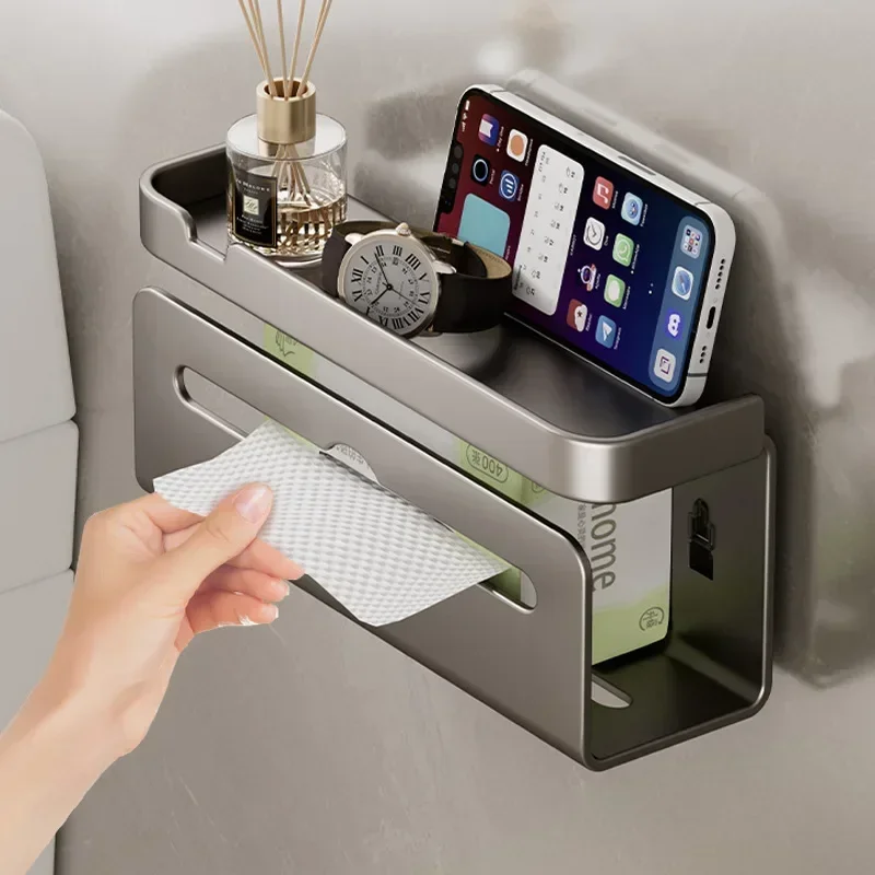 

Wall-mounted Toilet Perforation-free Tissue Box Extended Bathroom Napkin Extractor Kitchen Toilet Paper Cell Phone Storage Rack