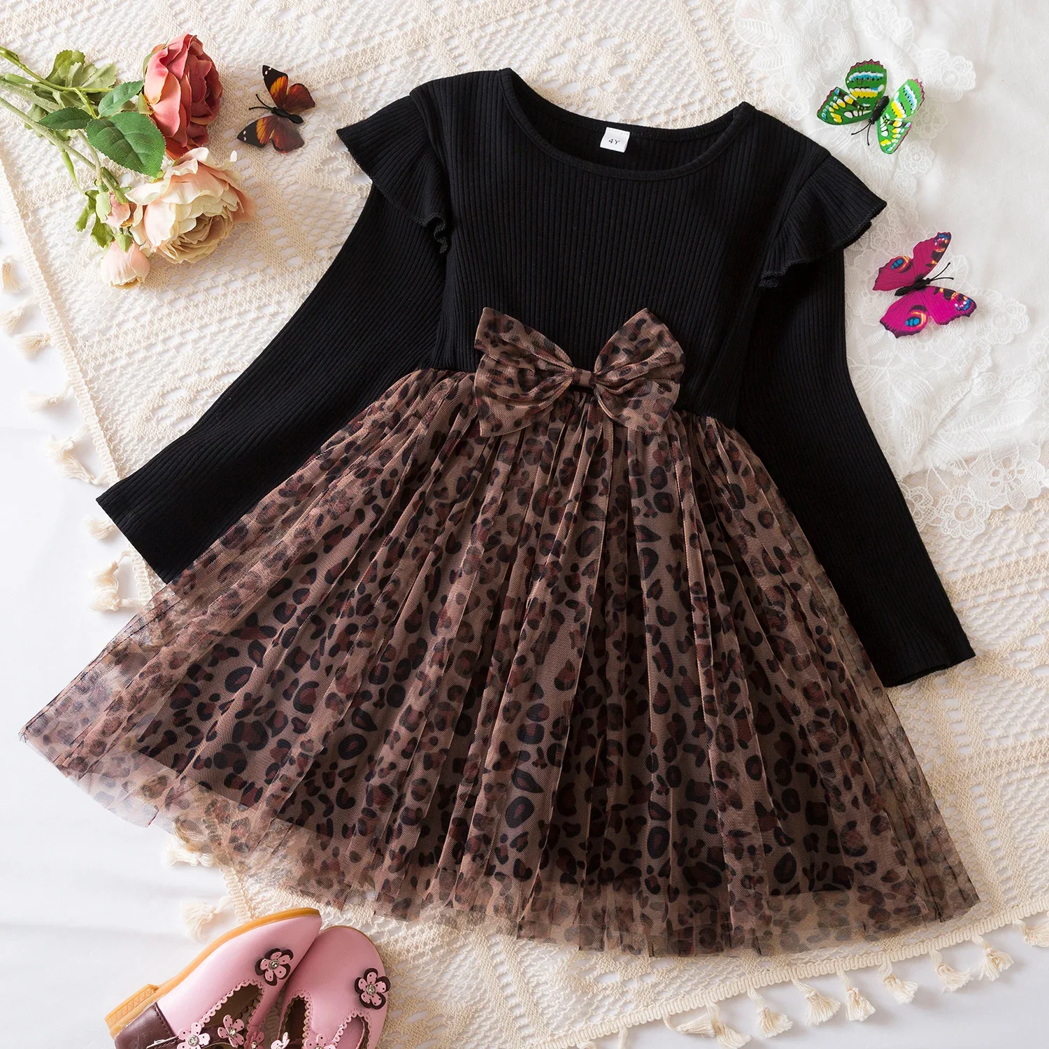 Kids Leopard Print Dress Girls Winter Full Sleeve Princess Birthday Party Dresses Girls Autumn Spring Patchwork Fashion Dress