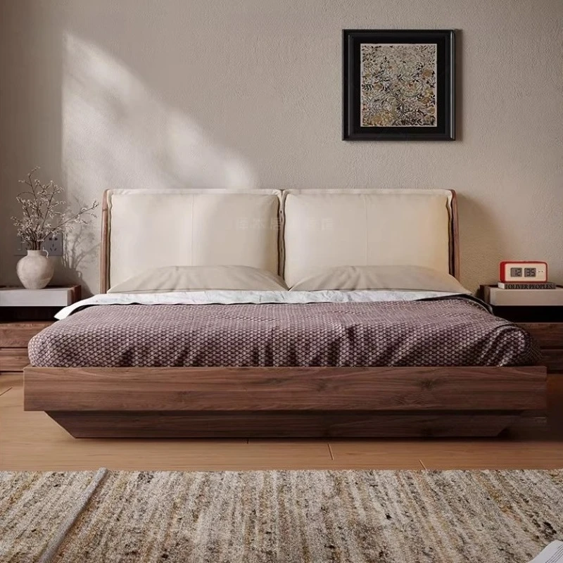 Mid century solid wood Double bed 180x200cm genuine leather elegant design bed 2 people camas de dormitorio hotel furniture