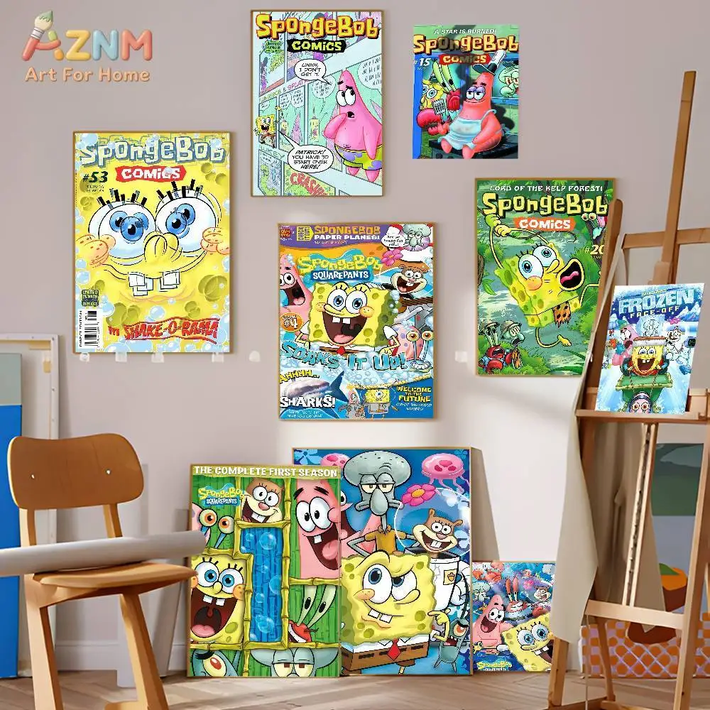 AZNM SpongeBob SquarePants Comic Cover Canvas Wall Art Print, Colorful Cartoon Patrick Squidward Comic Book Poster for Kids Room