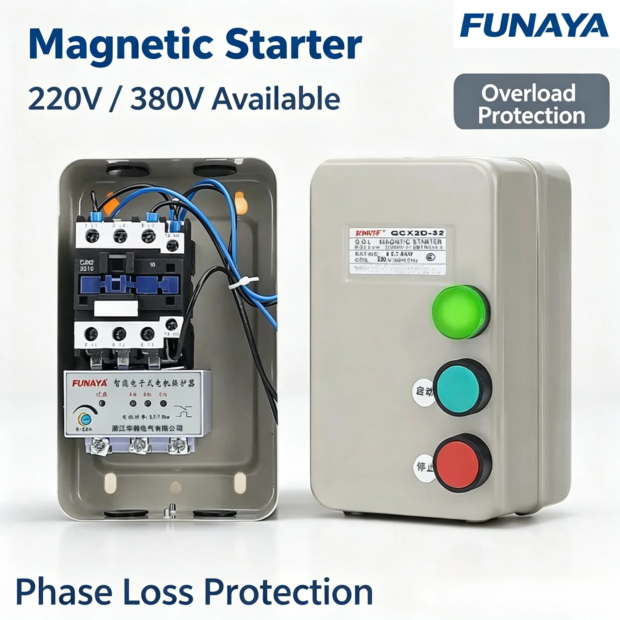 FUNAYA DOL Magnetic Motor Starter 1-18.5kW 6-22A AC220V/380V with Overload Phase Loss Protection for Water Pump Fan Conveyor