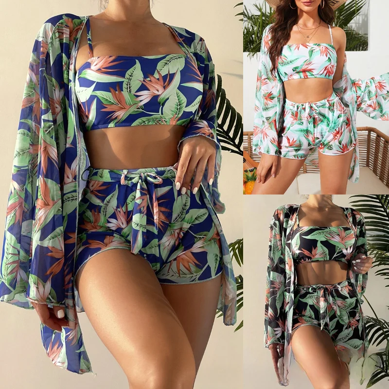 

2023 Swimsuit Women's Split Three-Piece Suit High Waist Long Sleeve Flat Corner Pants Beach Swimming Clothing Sets Swimwear