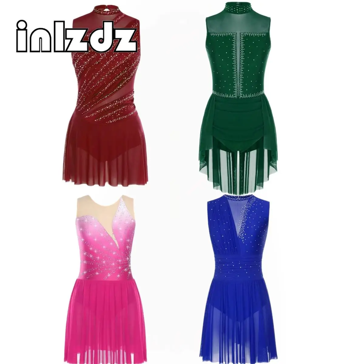 

Womens Rhinestone Gymnastics Ballet Lyrical Dance Dress Artistic Figure Skating Stage Performance Costume Sleeveless Leotards