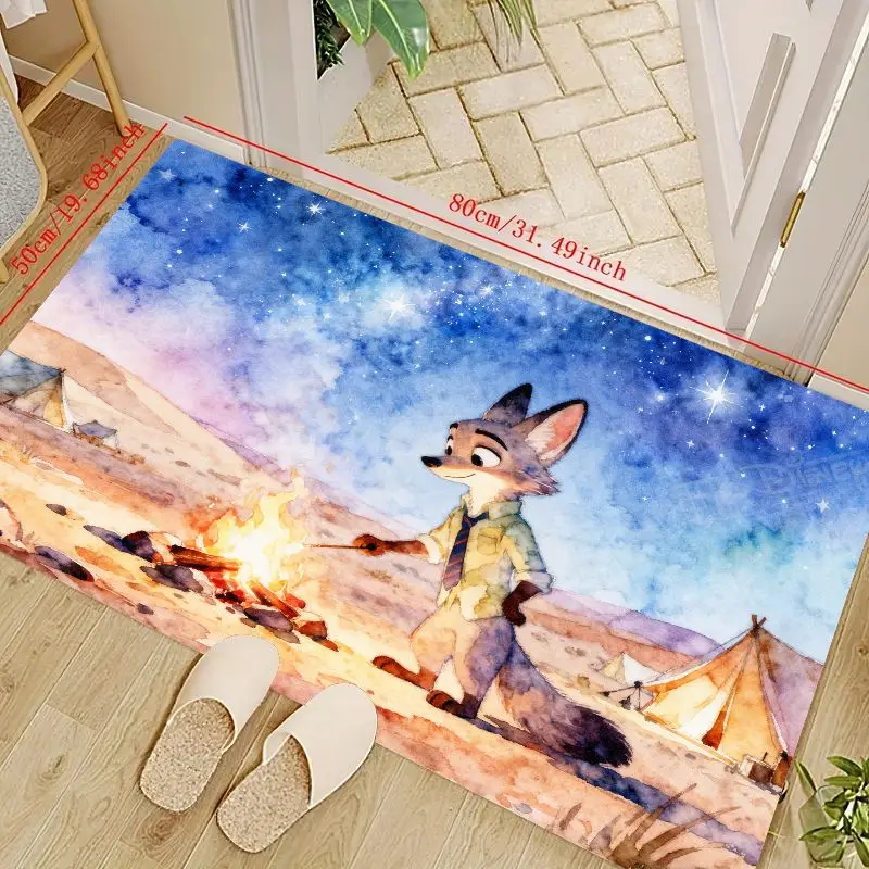 

1 шт. Zootopia Nick Wilde Fox Camping Starry Night акварельный напольный коврик, 50x80 см (19,68x31,49 дюйма) Нескользящий впитывающий аниме мультфильм
