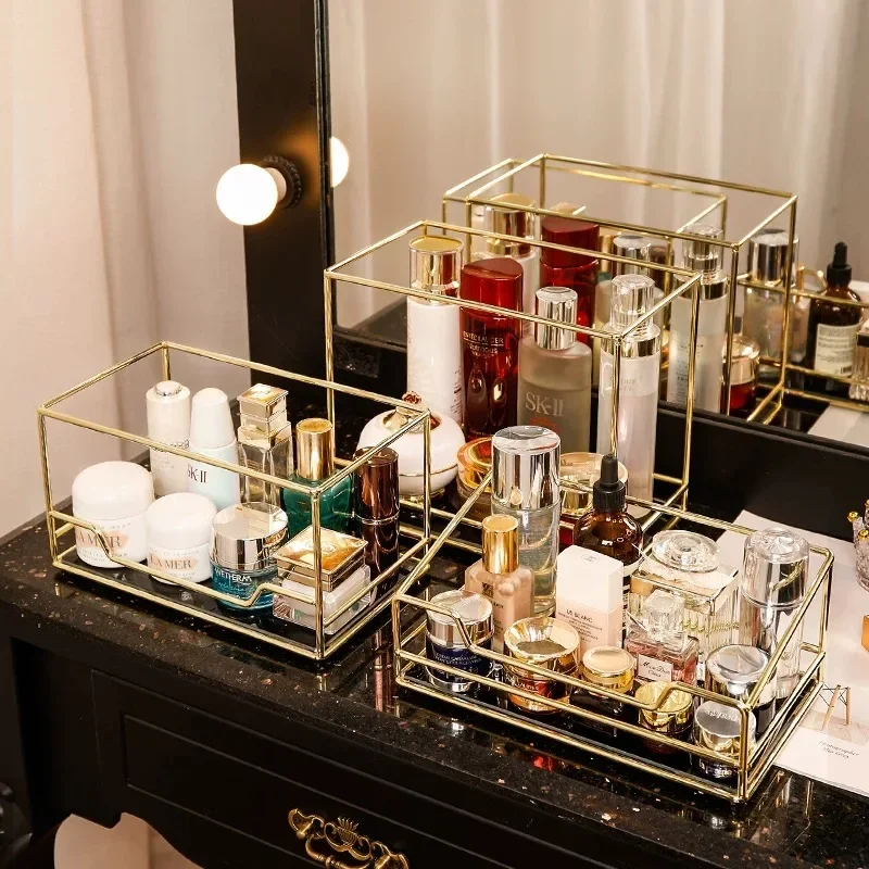 Nordic Fashion Rotating Cosmetic Desktop Storage Box Transparent Makeup Storage Shelf 2 Tiers Tray Dressing Table Finishing Rack