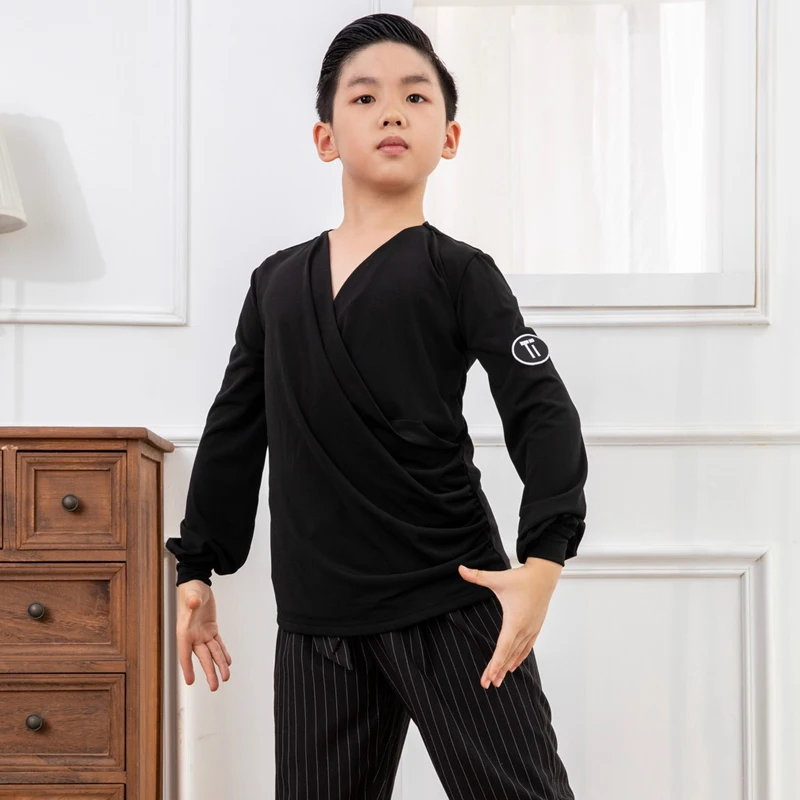 Latin Dance Performance Costumes For Boys Training Shirt  Pocket Collar Lantern Long Sleeve Top Latin Practice Clothes DN13933