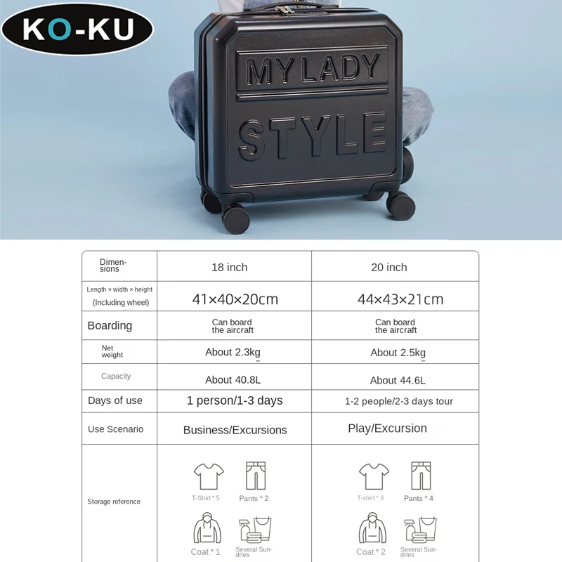 KO-KU Square Sugar Luggage Female 18Inch Students Small Lightweight Boarding Box Children 20 Inch Password Travelling Bag