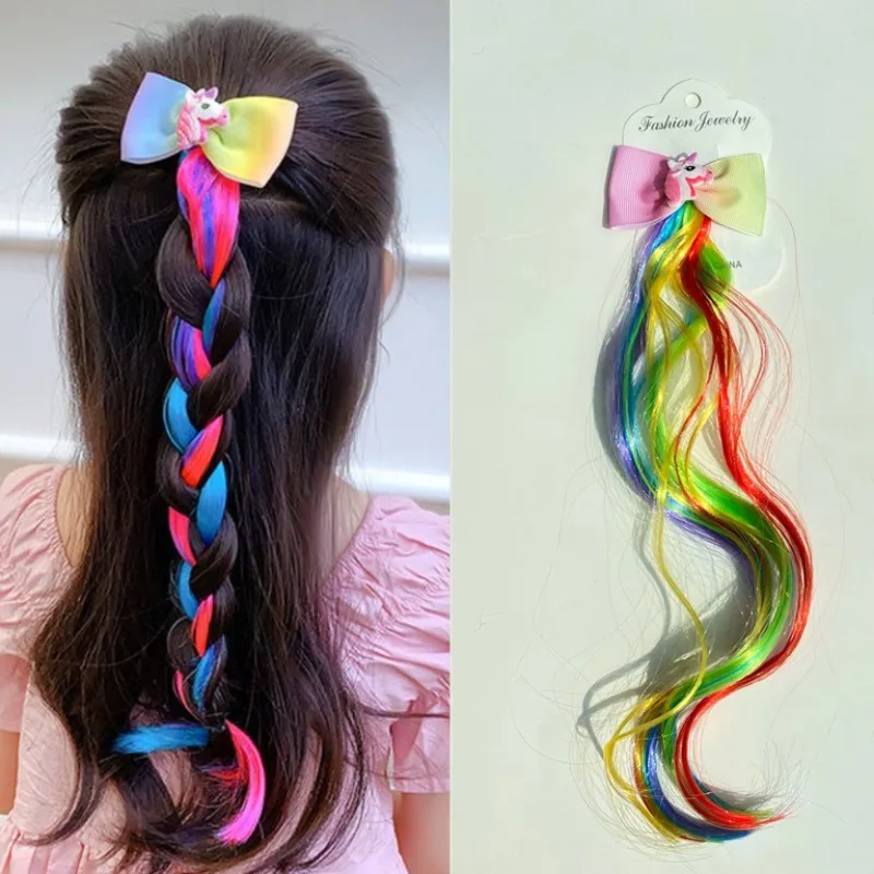 

Cute Unicorn Colorful Wigs Ponytail for Girl Anime Shiny Unicorn Hair Clip with Wigs Pontail Kids Hair Styling Headwear Braid