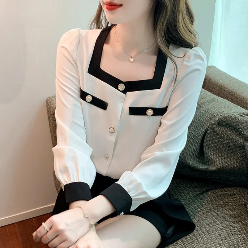 

Женская шифоновая блузка с квадратным вырезом, осенне-зимняя новинка, модный однотонный топ с длинным рукавом для ношения под одеждой