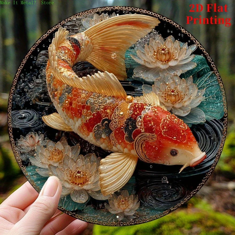 3D Koi-Fisch & Lotus Metall-Blechschild - Feng Shui Retro Wanddekoration für Zuhause, Garten & Terrasse