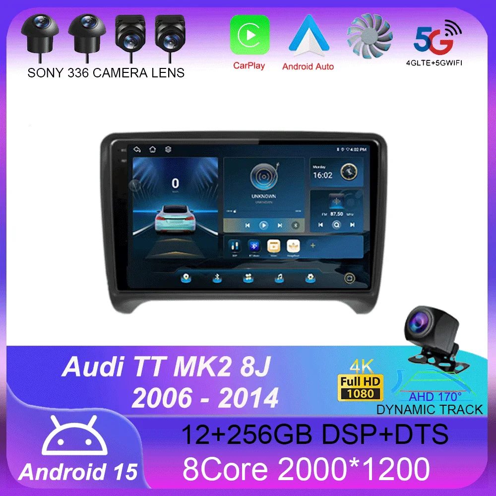

Автомагнитола Carplay, 2 DIN, Android 14, для Audi TT MK2 8J 2006-2014, мультимедийный проигрыватель, Wi-Fi, GPS, QLED