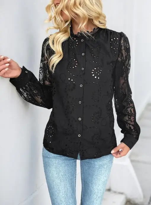 Outono cor sólida em torno do pescoço renda retalhos único breasted camisa para mulher, elegante e casual oco para fora camisa de manga comprida