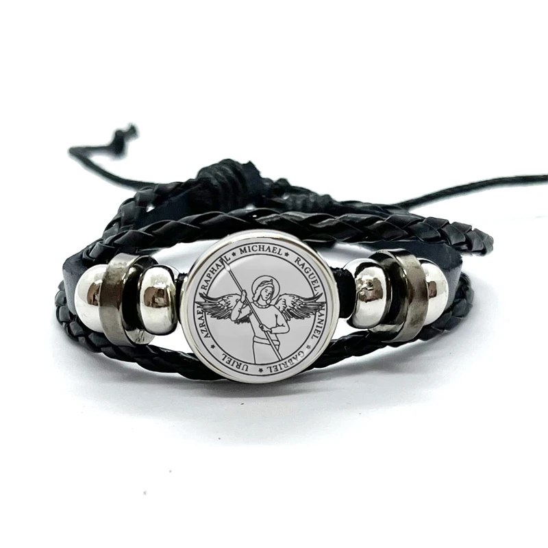 Fashion Seven Archangels Leather Bracelets  Handmade Glass Gem Bangles Men Women Talisman Amulet Michael Pendant Exquisite Gift