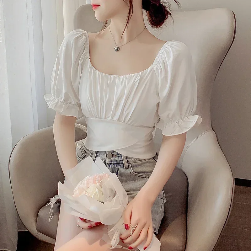 Camicette da donna Solid Slim Sexy Crop Top Fasciatura Colletto quadrato Stile coreano Temperamento alla moda Camicie da donna Summer Chic