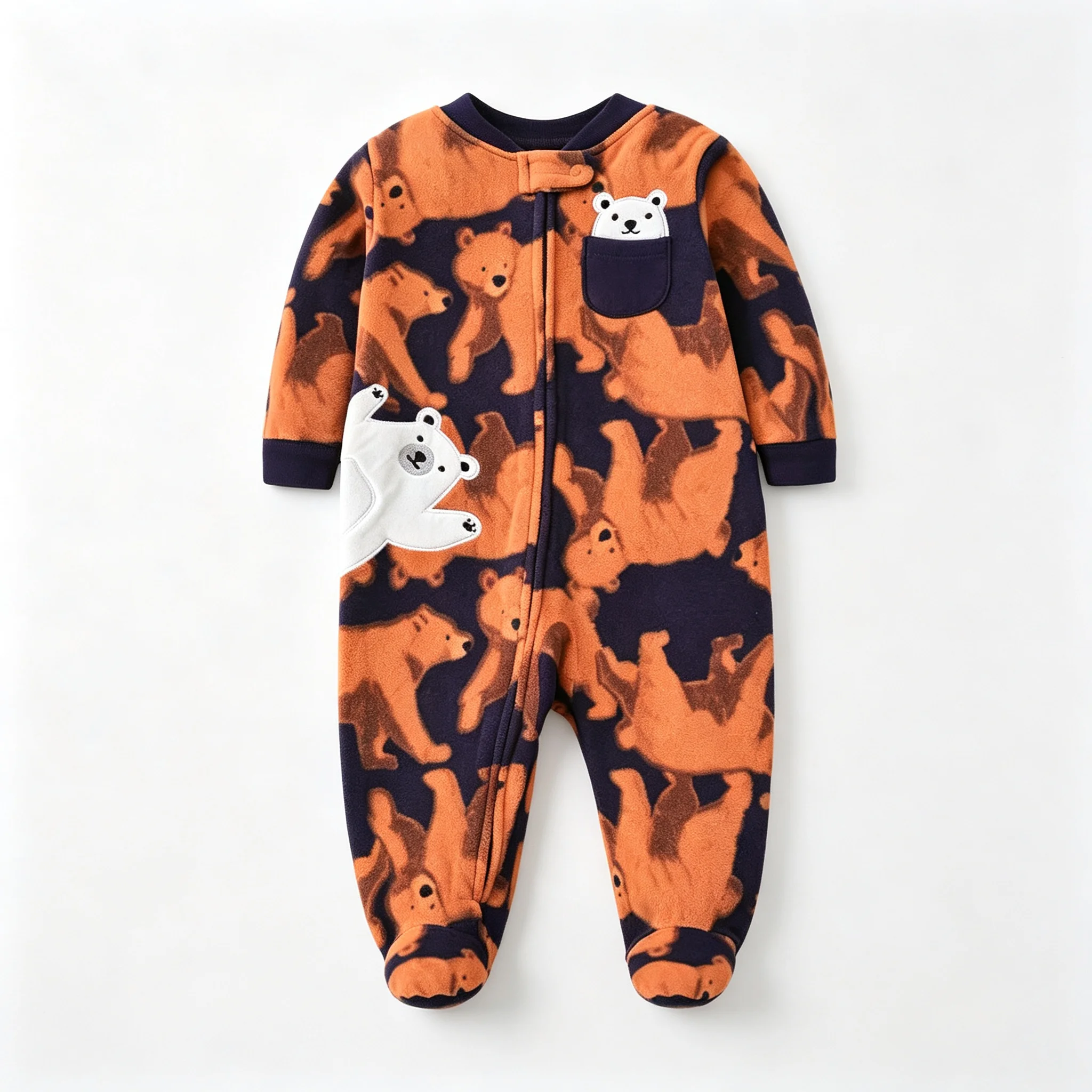 Baby Polar Fleece Footed Jumpsuit 3-12M Infant Long Sleeve Zipper Romper Cute Bear Print Warm Onesie