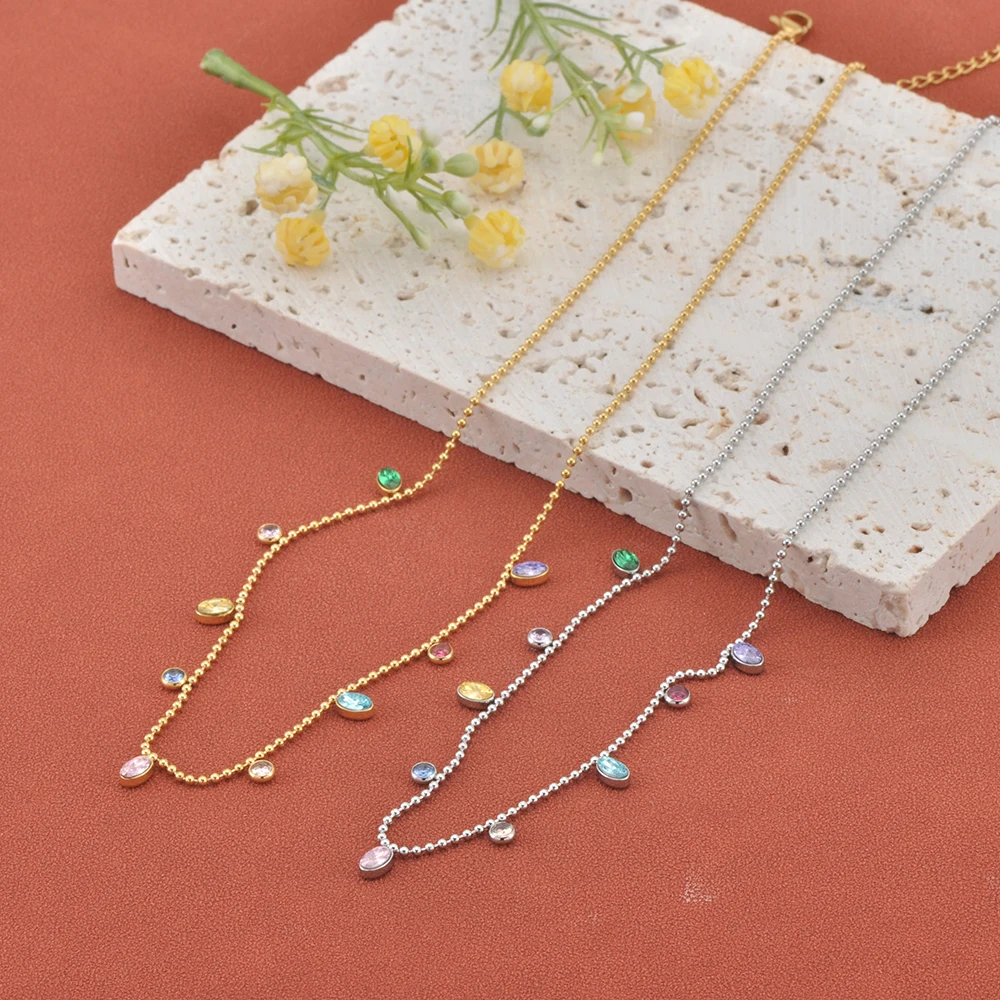 JeeMango Edelstahl Mehrfarbige Kristall Zirkon Halskette Für Frauen Hohe Qualität Kugel Kette Hochzeit Schmuck Geschenke N25164