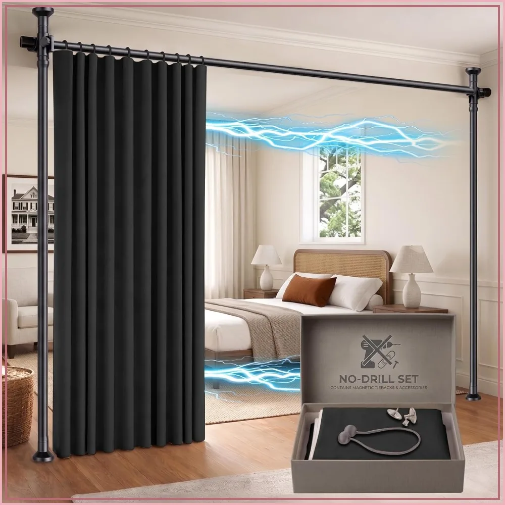No-Drill Room Divider Curtain Set with Retractable Rod, Blackout Privacy for Bedroom, 100x84 Inches