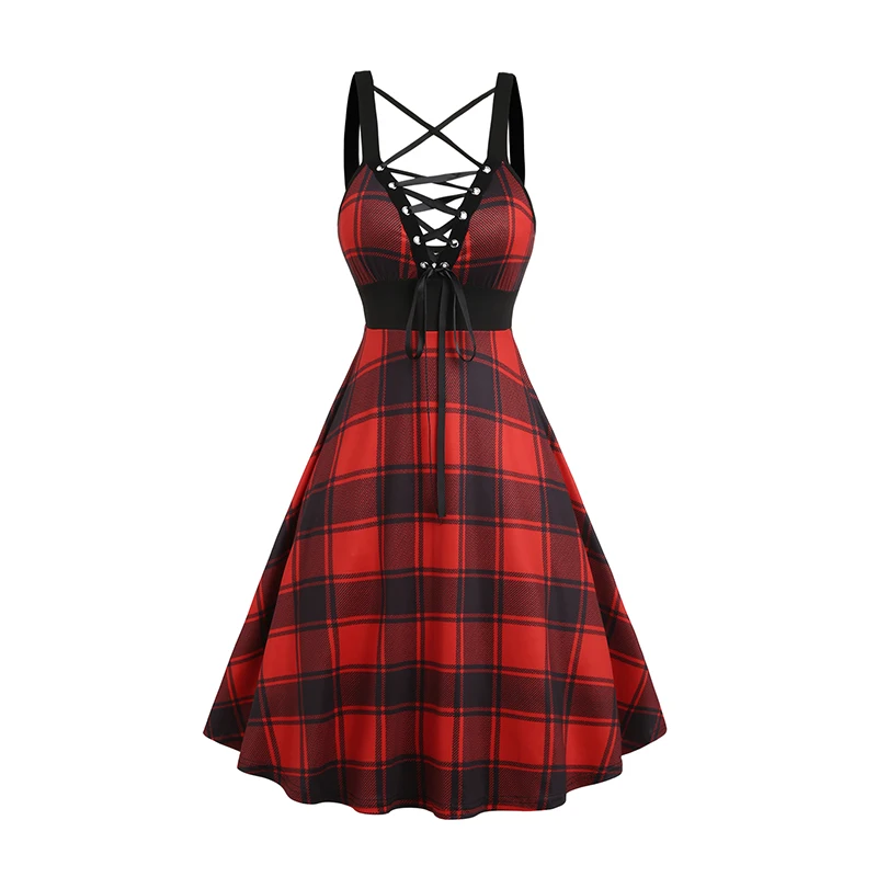 

Dressfo 2024 Womens Dresses Plaid Print Lace Up Sleeveless Cami Dress High Waist Spaghetti Strap Summer Dress