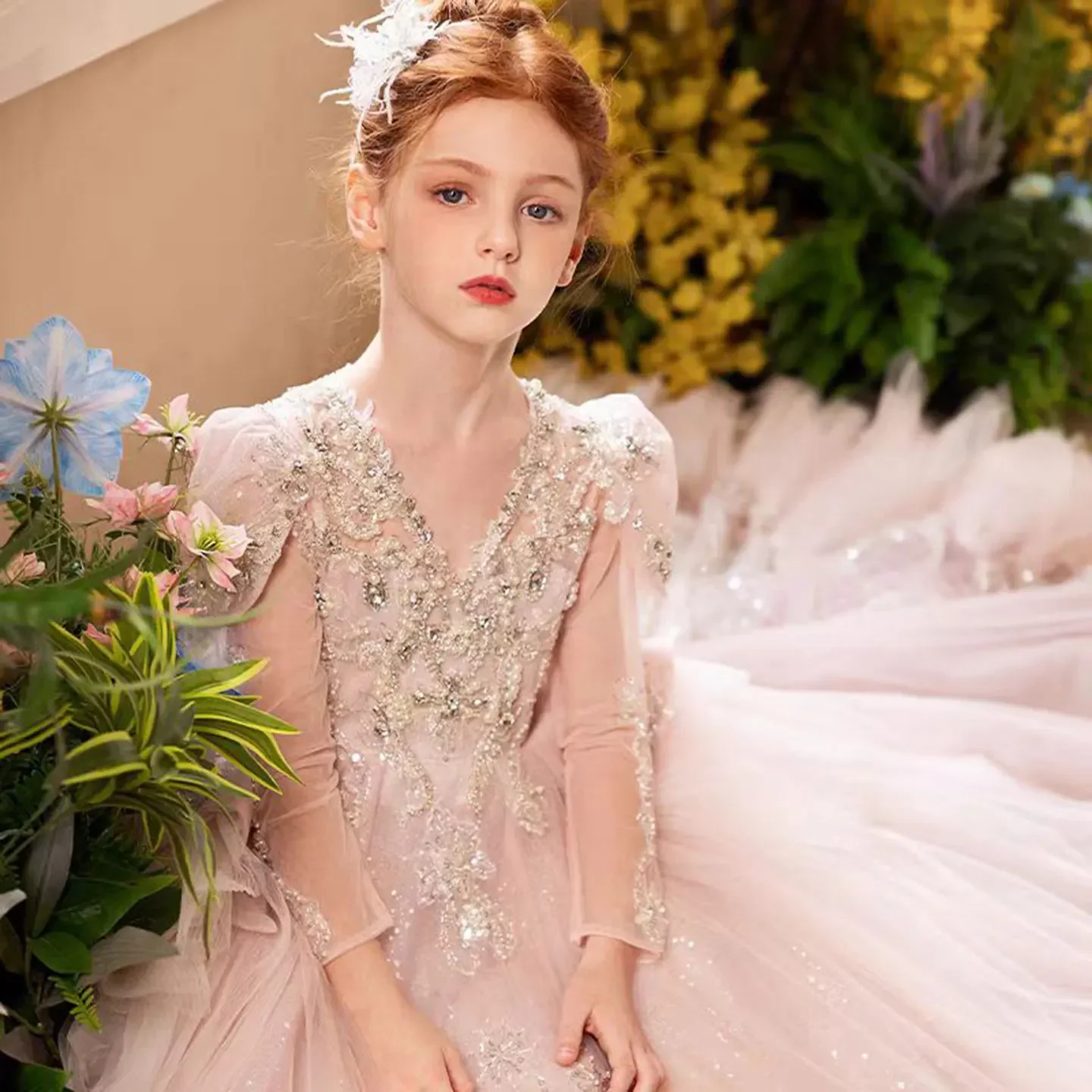 Flower Girl Dress Tulle Lace Embellished Long Sleeve Train Ball Gown Wedding Gown First Christmas Party Dress For Girlsفسات