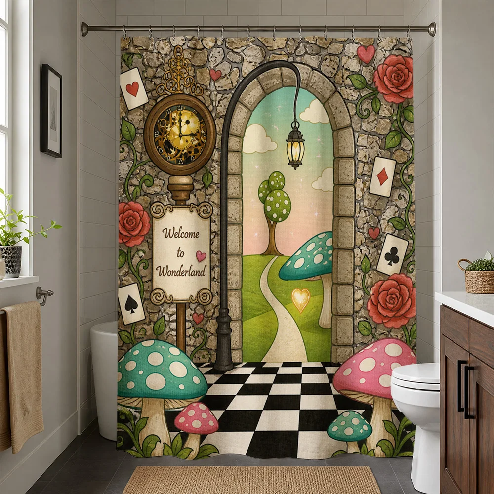 Whimsical Wonderland Shower Curtain Novelty Bathroom Decor Fairy Tale Mushroom Roses Playing Cards Pattern Cottagecore Shower Li