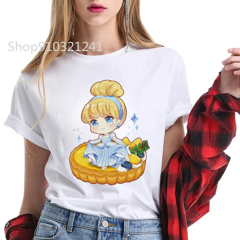 Women Summer Princess Belle Tshirts Fashion Lady Graphic Rose Tea White Female Tee Cinderella T-Shirts Cute Food T-shirt