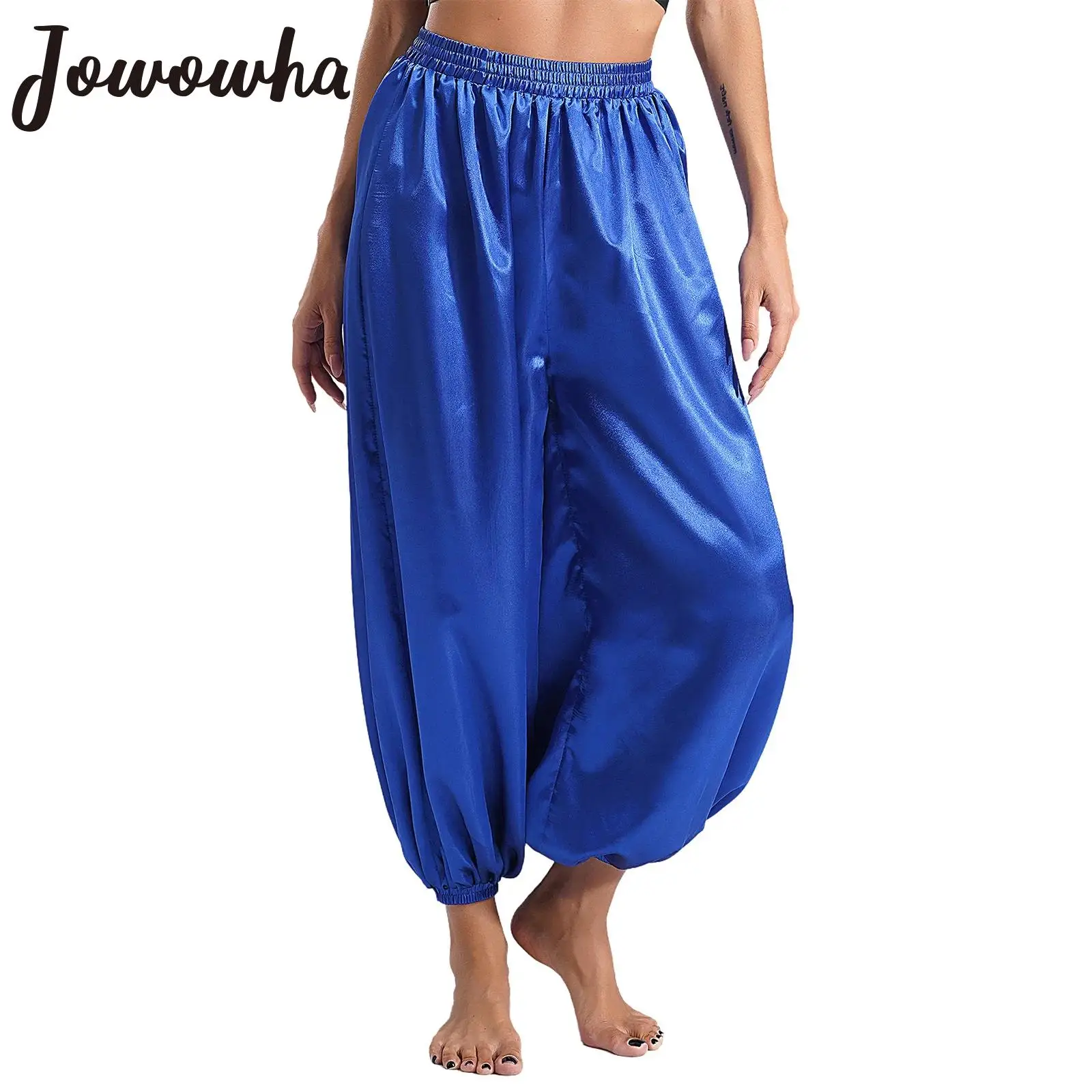 Womens Belly Dance Harem Pants Loose Elastic Waistband Satin Bloomers Trousers Carnival Party Arabian Princess Cosplay Costume