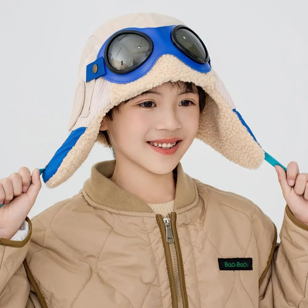 

Autumn Warm Children's Plush Pilot Hat Soft Cute Kids Earflap Hat with Glasses Earmuff Lei Feng Hat Skiing