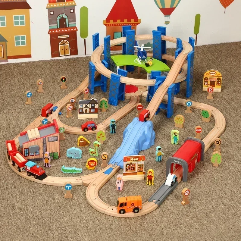木製電車線路セット パズル スロット 交通電気玩具 子供の誕生日やクリスマスギフトに