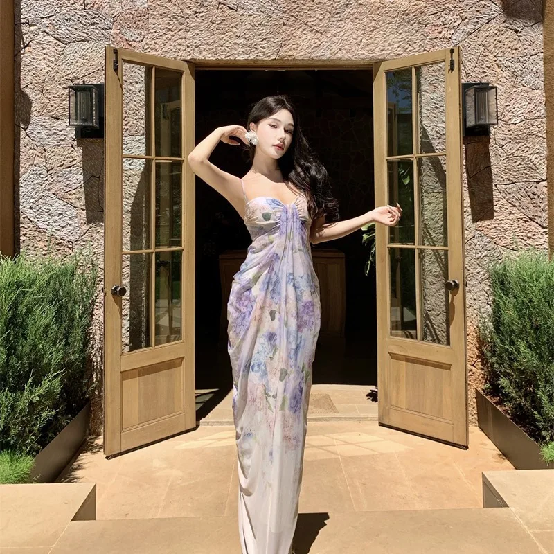 French Style Sling Dress Women's Summer Mesh Printed Elegant Thin Long Seaside Vacation Dress Figure Dress