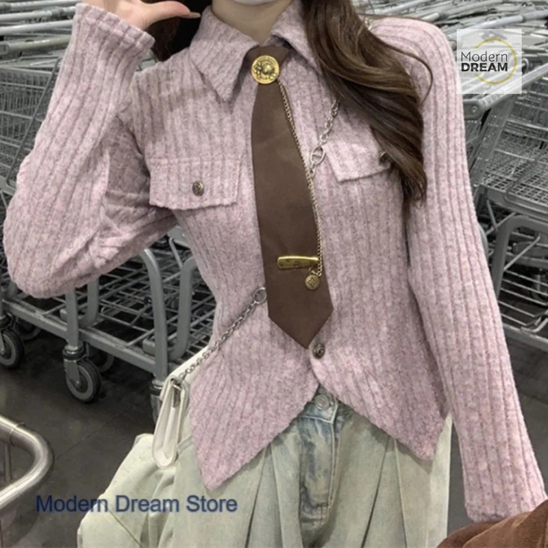 تصميم كوري غير منتظم بأكمام طويلة قميص نحيل طية صدر السترة الإناث الربيع والخريف ربطة عنق جامعية جديدة قميص نحيف عادية جوكر شيك الأعلى. #2