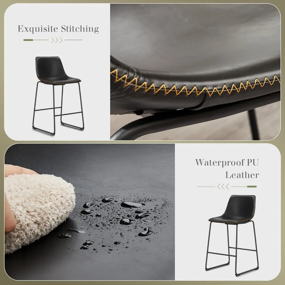 Faux Leather High Barstools, Counter Altura Bar Stools, Costas e Perna de Metal, Conjunto de 4, Moderno, 26 polegadas
