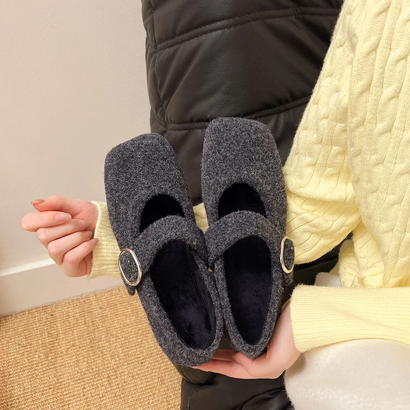 النمط الفرنسي ساحة تو أحذية النساء 2025 الخريف الشتاء موضة بلون الفم الضحلة أحذية مسطحة الرجعية تنوعا أحذية دافئة #3