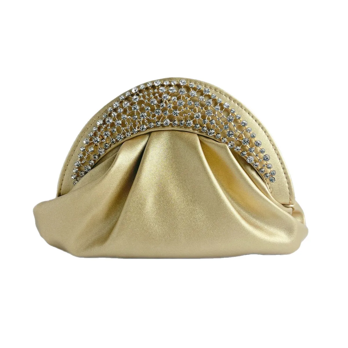 Gold Pleated Satin Clutch Bag Half Moon Rhinestone Crystal Decor Evening Handbag Minimal Formal Wedding Purse For Mature Middle