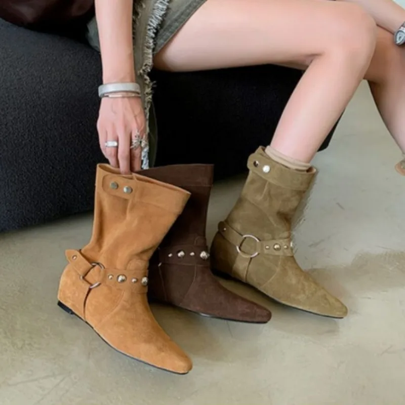 Autumn new single boot women fashion pointed suede foot set rivet metal round buckle inside elevation flat boots