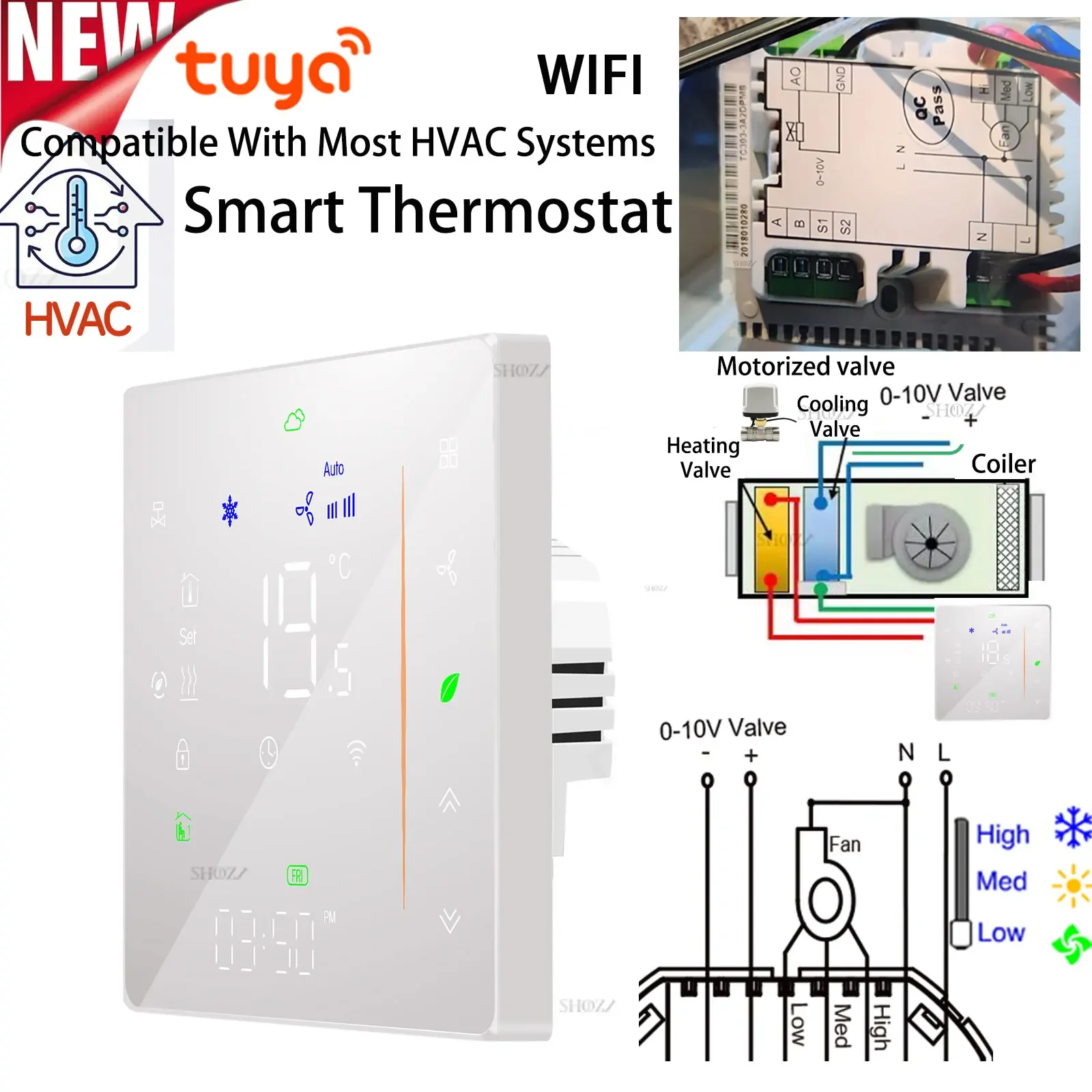 Fan Coil Raumthermostat, WLAN, 2 Rohre, 3 Geschwindigkeiten, 0–10 V, Modulationsventil, HVAC-Temperaturregler für Heizung und Kühlung