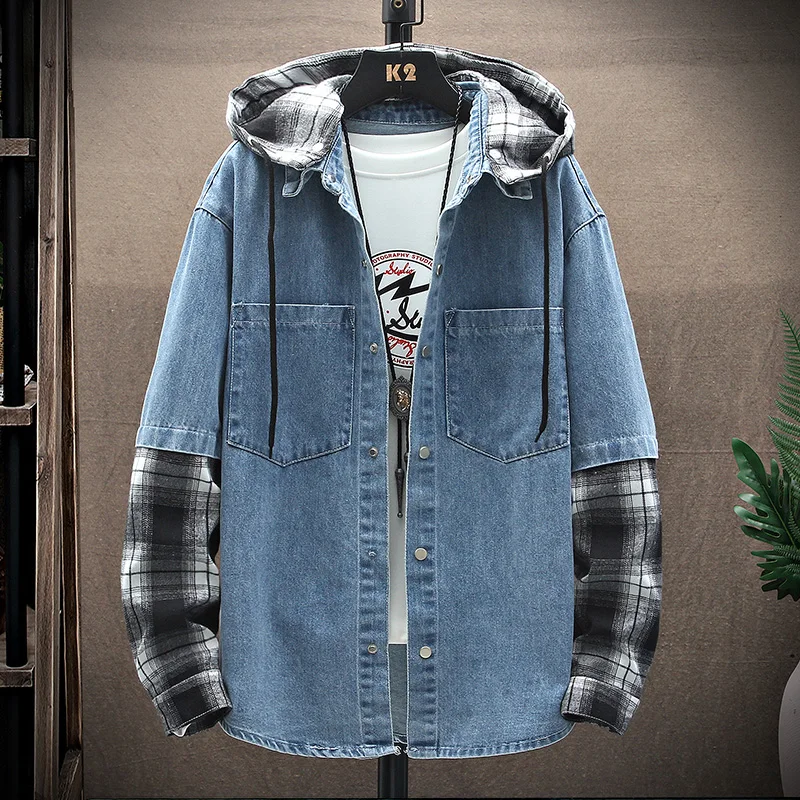 2024 spring denim jacket male Fashion Trench Coat with hooded Jacket Men's Casual jackts autumn men denim Coat Thickened shirt