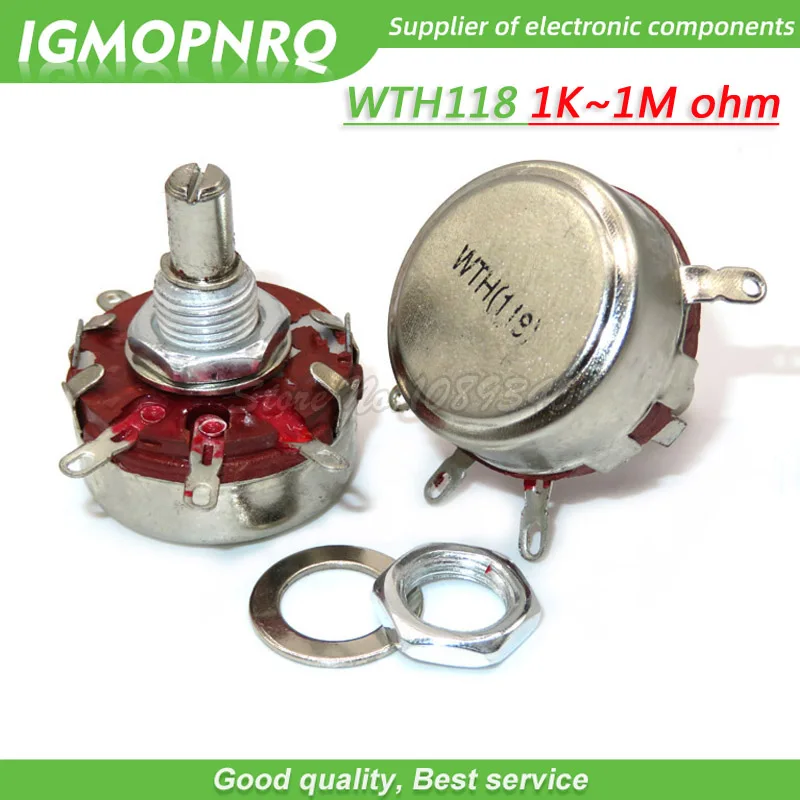 

2PCS WTH118 2W 1A Potentiometer 1K 2.2K 4.7K 10K 22K 47K 100K 470K 1M WTH118-2W Round Shaft Carbon Rotary Taper Potentiometer