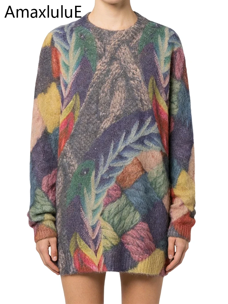 

Amax LuluE 2025 Модный вязаный пуловер, зимний женский свободный свитер с круглым вырезом и принтом, повседневная одежда в стиле Харадзюку, теплые джемперы