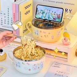 Cute Ramen Bowl With Chopsticks Lid Spoon Kawaii Stainless Steel Instant Noodles Fruit Salad Soup Big Bowl Kitchen Tableware