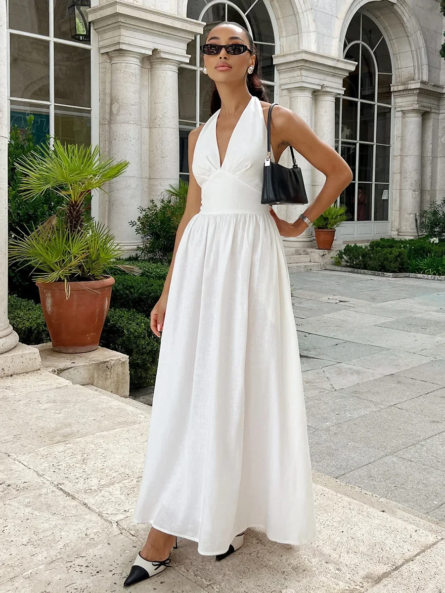

Spring Summer New Women's Cotton Camisole Dress Female Waist Cinched V-neck Long Dress Fashionable Oversized Dress