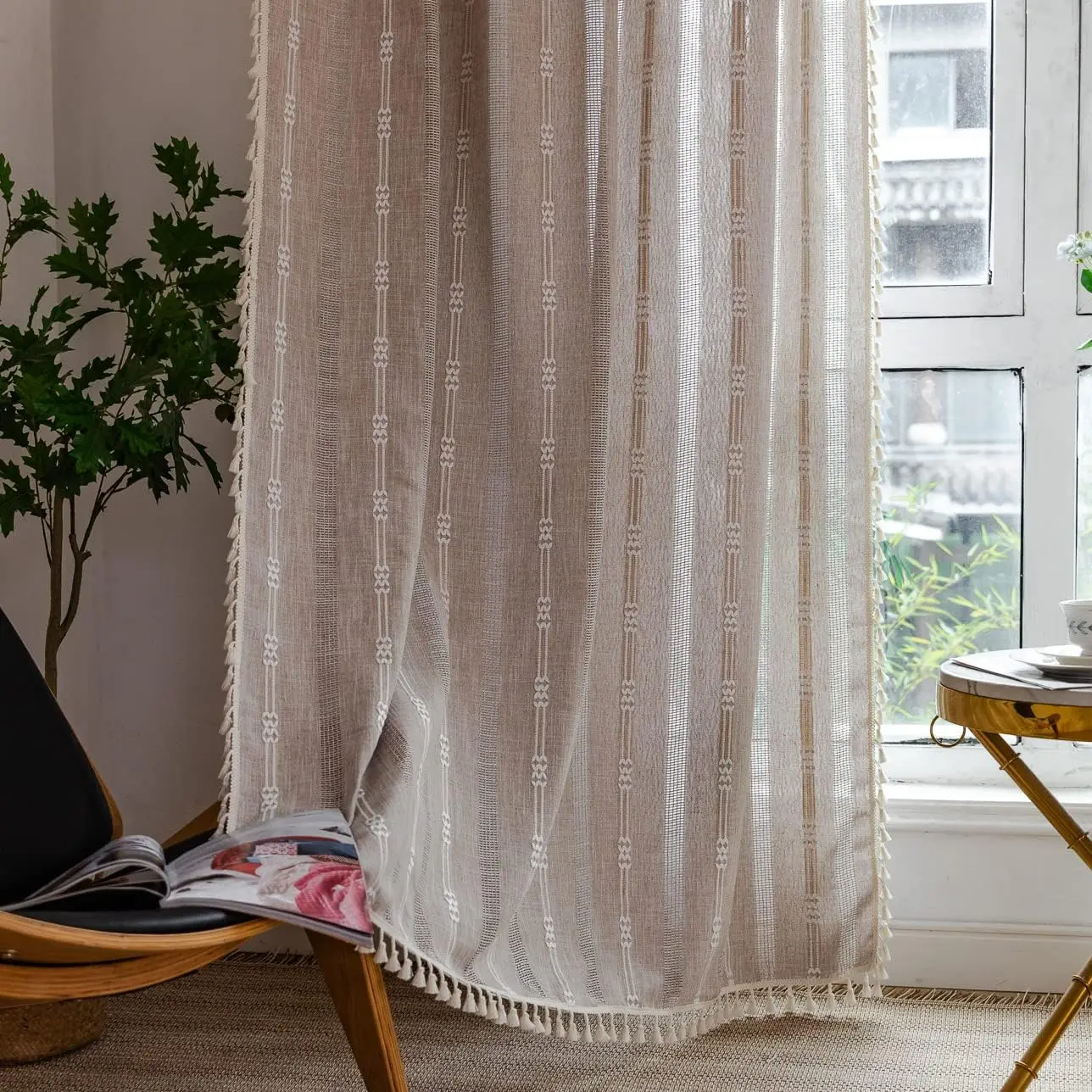 

Linen Curtains 108 Inches Long for Living Room 2 Panels Set, Embroidery Farmhouse Tassel Boho for Bedroom Light Filterin