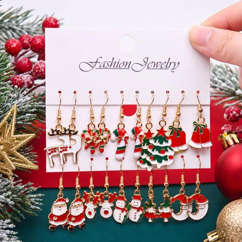 5/10 Pairs Christmas Dangle Earrings Set, Santa, Reindeer, Snowman, Tree, Bell & Candy Cane Holiday Earrings
