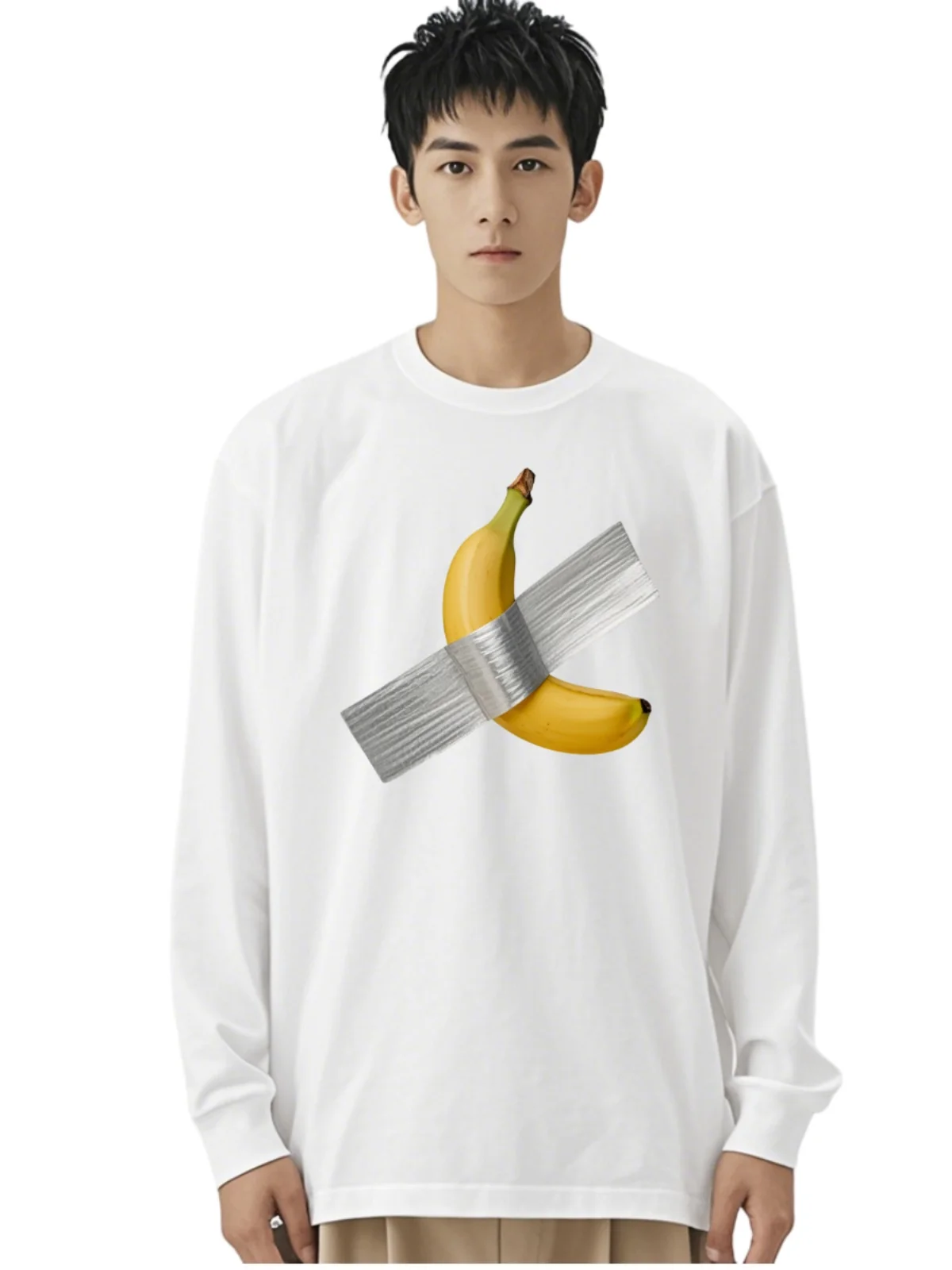 Loose Cotton Long Sleeve T-Shirt Street Style Anti Anxiety Creative Art Bananas Abduction Casual Wear for Couples Unisex
